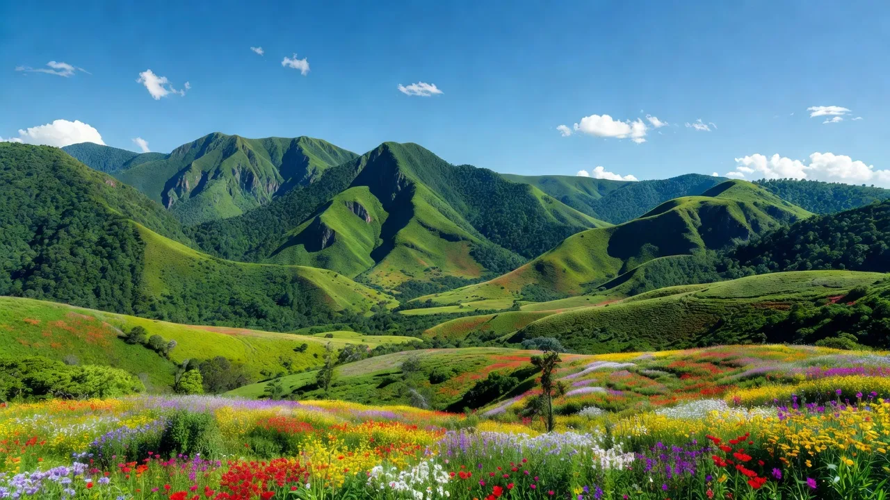 Phong cảnh đẹp của xã Đạ Nhim, huyện Lạc Dương, tỉnh Lâm Đồng với núi non và cánh đồng hoa.