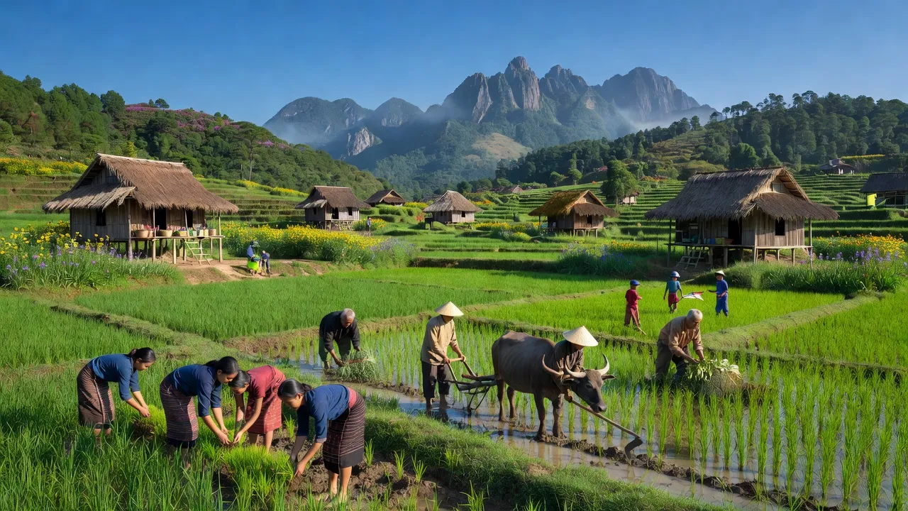 Cảnh thiên nhiên Xã Đưng KNớ, huyện Lạc Dương, tỉnh Lâm Đồng với đồng ruộng xanh tươi và núi non.