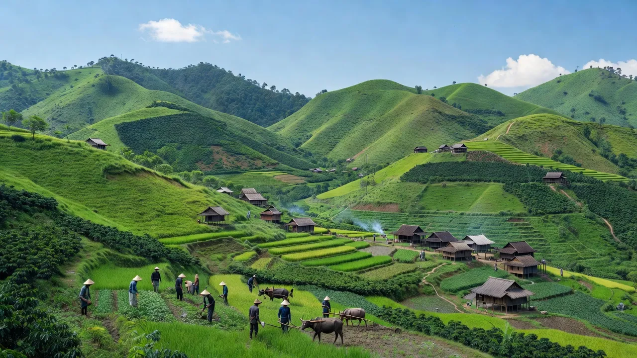 Phong cảnh yên bình ở Xã Đưng KNớ, Huyện Lạc Dương, Tỉnh Lâm Đồng, thể hiện cuộc sống nông thôn.
