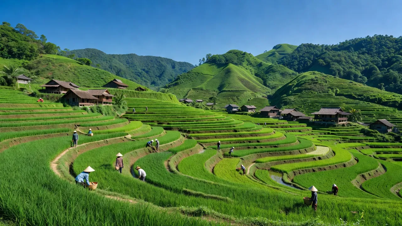 Khung cảnh thiên nhiên Xã Lát, Lạc Dương, Lâm Đồng với đồi xanh và cây trồng phong phú.