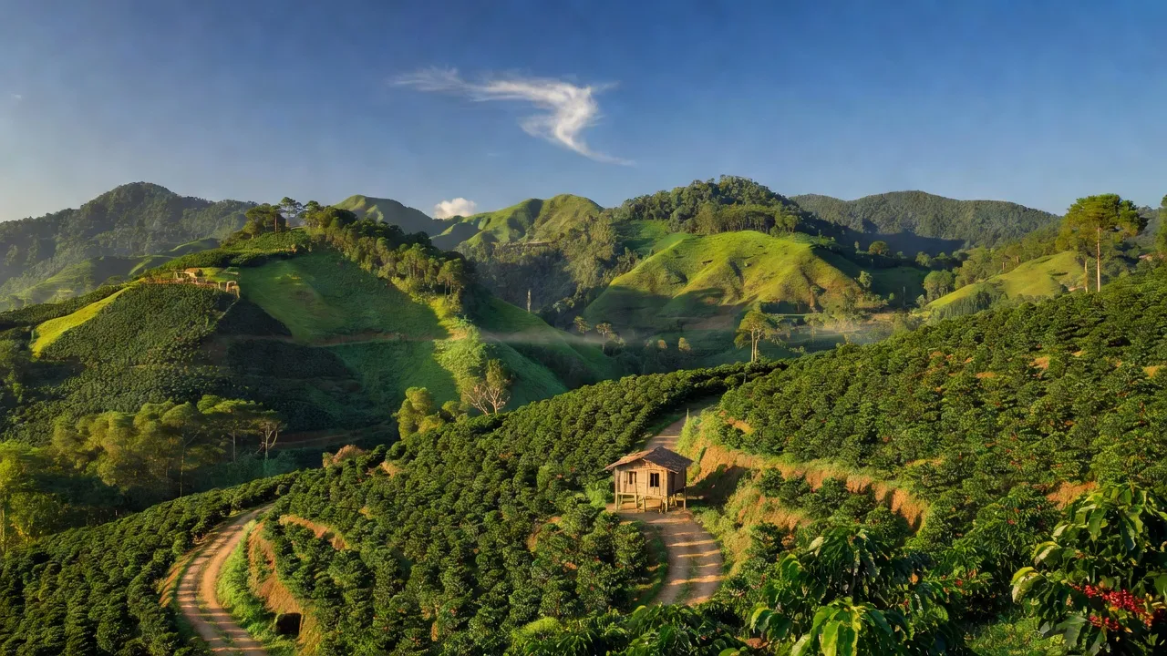 Khung cảnh huyện Lâm Hà, Lâm Đồng với đồi núi xanh, đồn điền cà phê thu hút du khách, nature, agriculture.