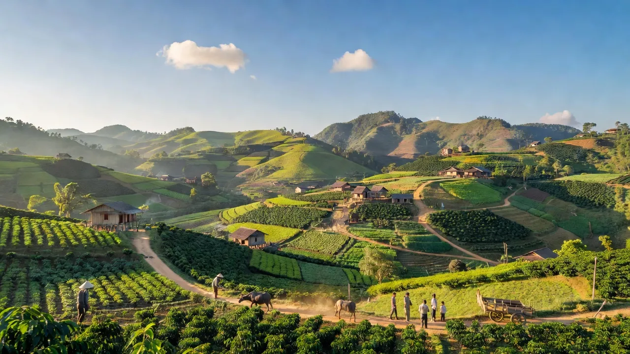 Khung cảnh xã Đạ Đờn, huyện Lâm Hà, tỉnh Lâm Đồng với đồi núi xanh và ruộng nông nghiệp.
