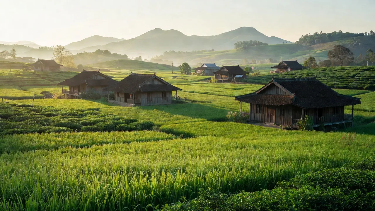 Cảnh nông thôn xã Đan Phượng, huyện Lâm Hà, tỉnh Lâm Đồng với cánh đồng xanh tươi và núi đồi.