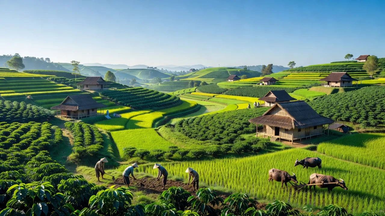 Khung cảnh nông thôn xã Đan Phượng, huyện Lâm Hà, tỉnh Lâm Đồng với đồng ruộng và nhà cổ.