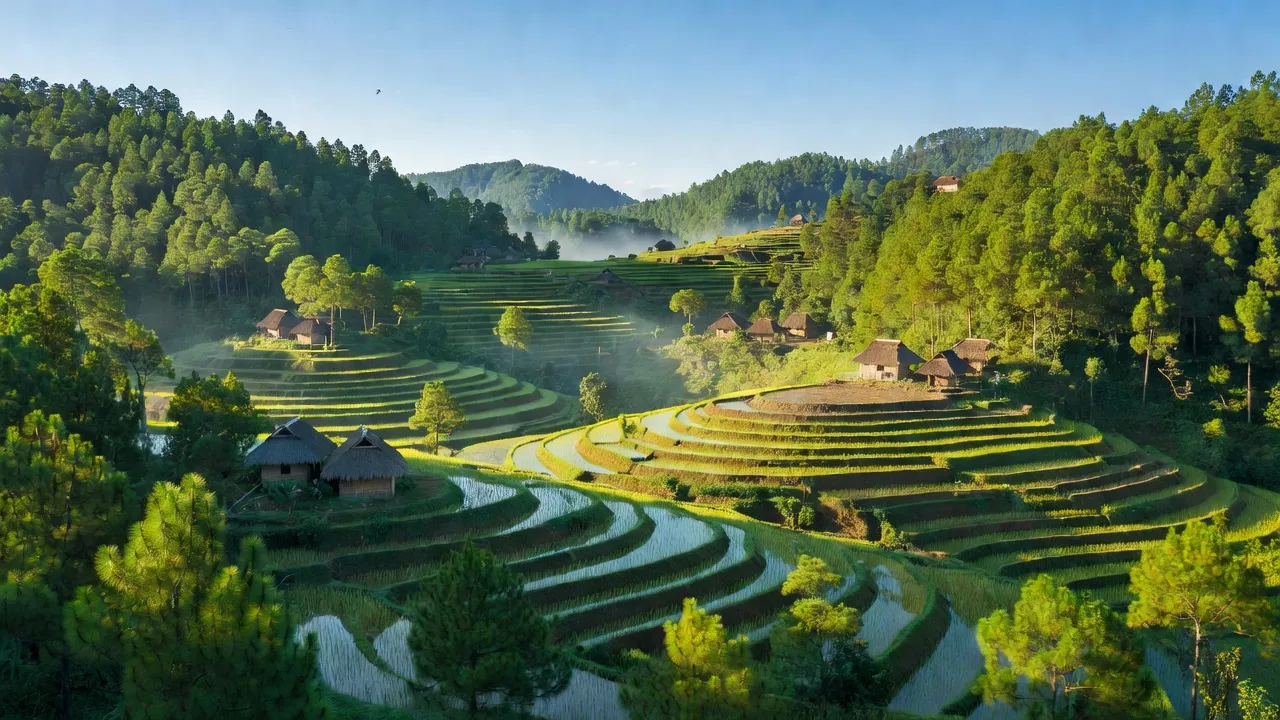 Cảnh đẹp xã Đông Thanh, Huyện Lâm Hà với ruộng bậc thang và đồi thông xanh.