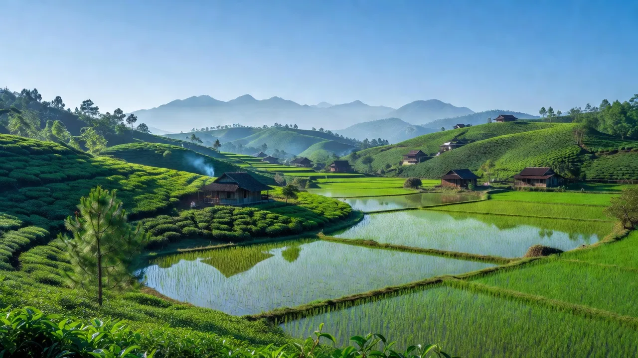 Cảnh quan yên bình xã Gia Lâm, huyện Lâm Hà, tỉnh Lâm Đồng với đồi xanh và đồng ruộng.