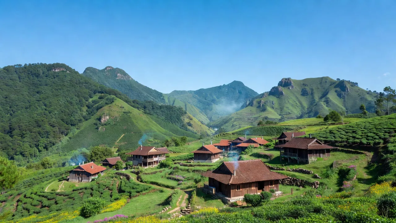 Cảnh sắc thanh bình xã Gia Lâm, huyện Lâm Hà với núi xanh và nhà gỗ truyền thống.