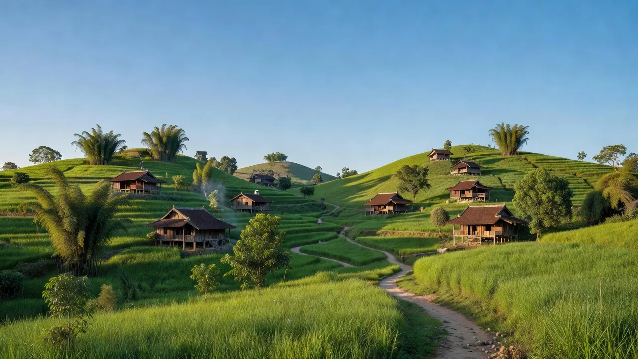 Khung cảnh yên bình xã Hoài Đức, huyện Lâm Hà, tỉnh Lâm Đồng với đồi xanh và nhà truyền thống.