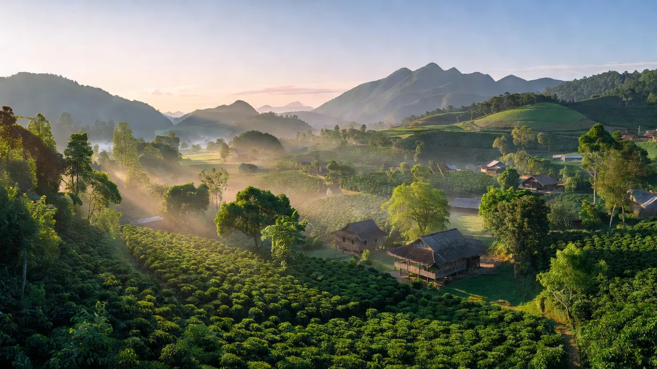 Cảnh thiên nhiên tươi đẹp ở xã Liên Hà, huyện Lâm Hà, tỉnh Lâm Đồng với cánh đồng và núi.