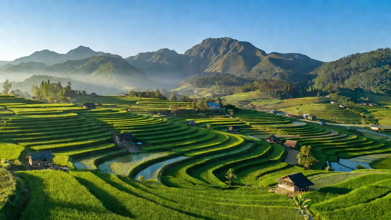 Cảnh quan xã Mê Linh, huyện Lâm Hà, ruộng bậc thang xanh và đồi núi, tỉnh Lâm Đồng.