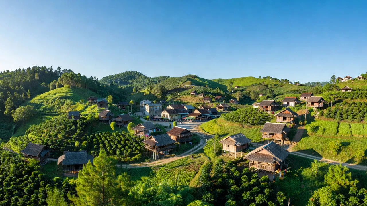 Quang cảnh thị trấn Nam Ban, huyện Lâm Hà, tỉnh Lâm Đồng với đồi núi và nhà cửa truyền thống.