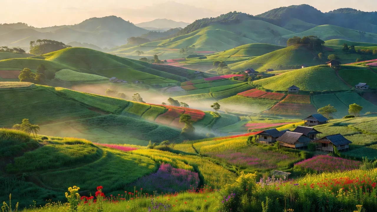 Cảnh quan xã Nam Hà, huyện Lâm Hà, tỉnh Lâm Đồng với đồi núi và cánh đồng xanh.