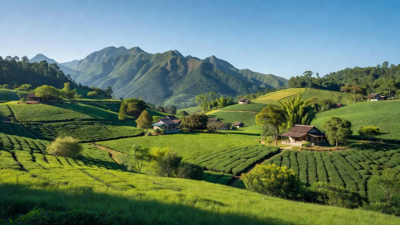 Phong cảnh Xã Phú Sơn, huyện Lâm Hà, tỉnh Lâm Đồng với cánh đồng xanh và núi đồi.