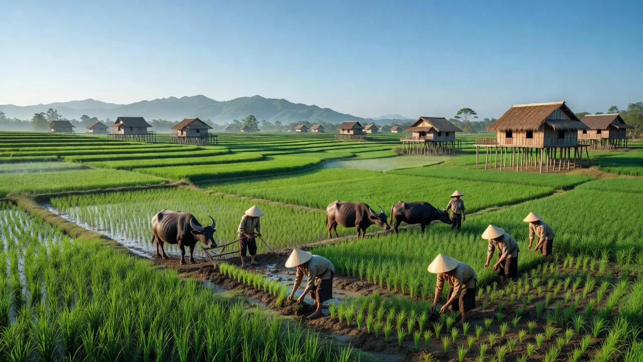 Cảnh đẹp xã Tân Hà ở huyện Lâm Hà, tỉnh Lâm Đồng với cánh đồng xanh mướt và bầu trời trong trẻo.