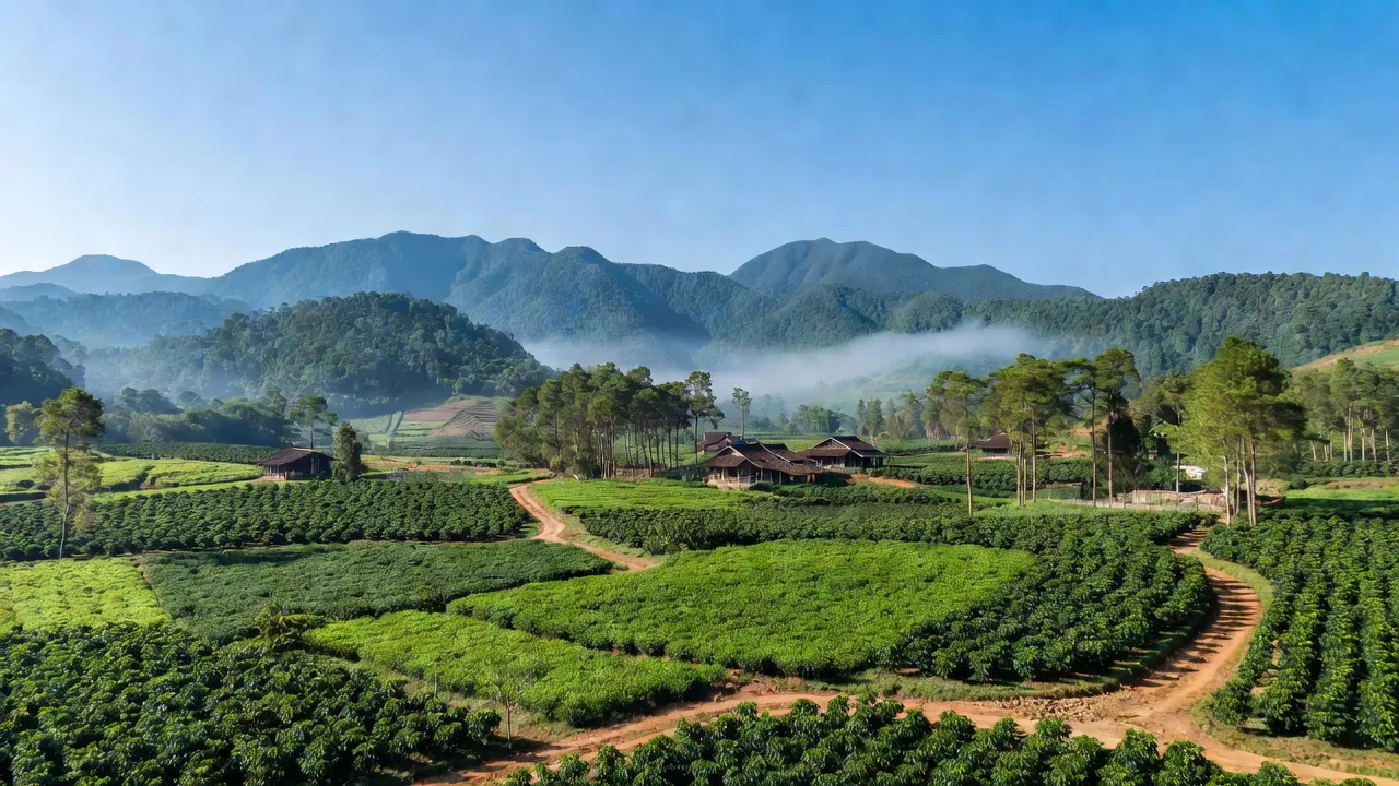 Khung cảnh thanh bình xã Tân Hà, huyện Lâm Hà, tỉnh Lâm Đồng với cánh đồng xanh.