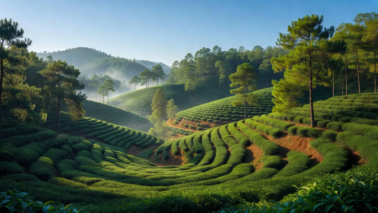 Khung cảnh đồi chè và rừng thông tỉnh Lâm Đồng, Việt Nam, thể hiện vẻ đẹp tự nhiên phong phú.