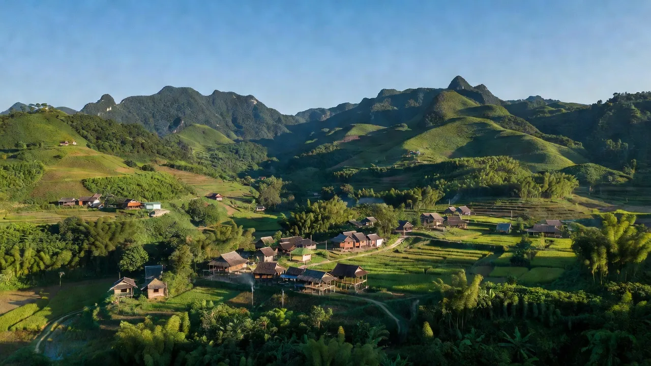 Khung cảnh huyện Bắc Sơn, Lạng Sơn với núi non, cây cối xanh tươi và làng quê truyền thống.