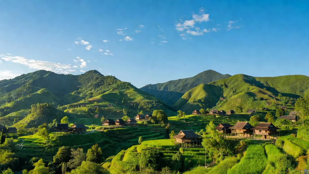 Khung cảnh huyện Bắc Sơn, Lạng Sơn với núi xanh và nhà truyền thống giữa bầu trời xanh.