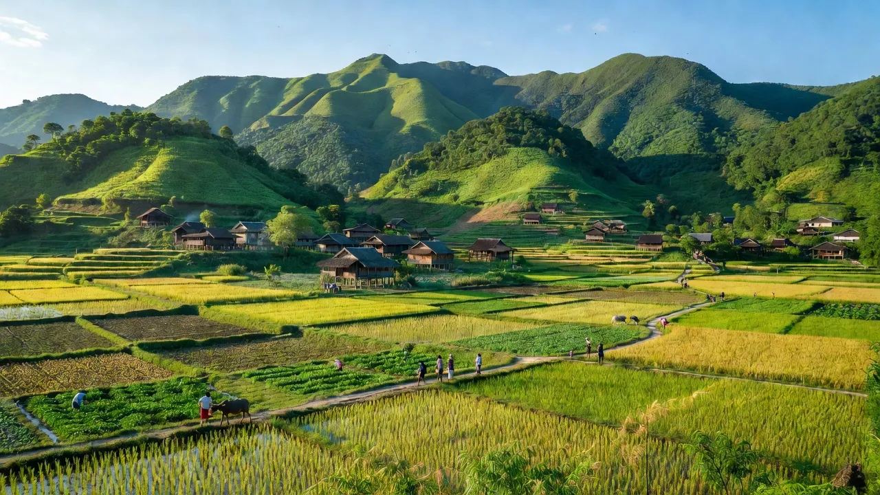 Cảnh sắc xã Chiến Thắng, huyện Bắc Sơn, tỉnh Lạng Sơn với núi xanh và nhà truyền thống.
