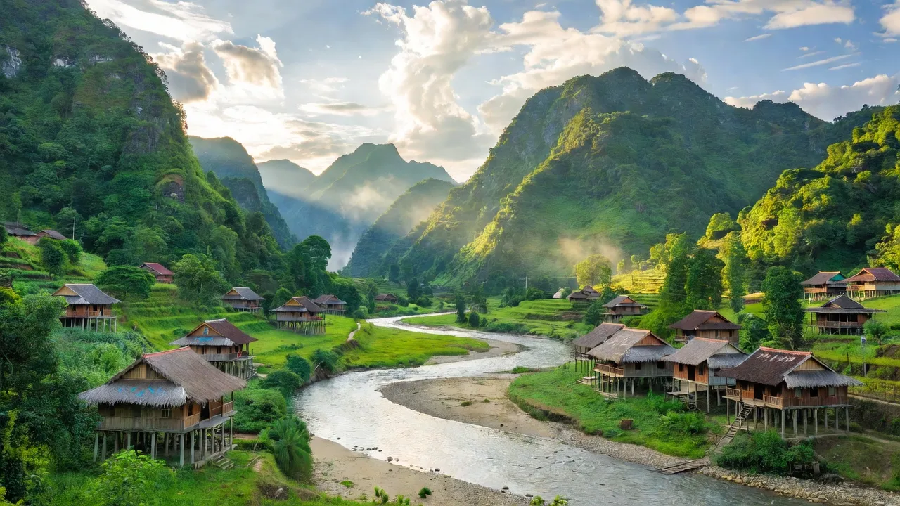 Khung cảnh đẹp của Xã Đồng Ý, huyện Bắc Sơn, tỉnh Lạng Sơn với núi xanh và sông êm đềm.
