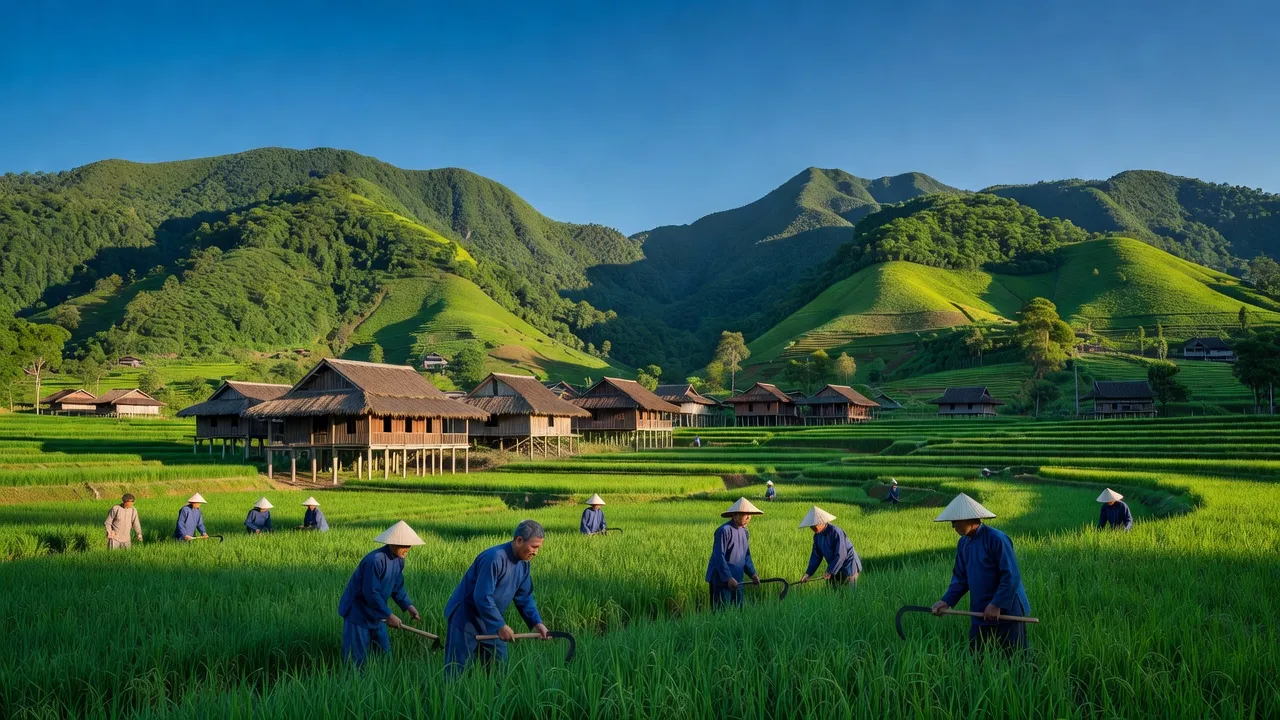 Khung cảnh xanh tươi của xã Hưng Vũ, huyện Bắc Sơn, tỉnh Lạng Sơn với núi non và ruộng bậc thang.