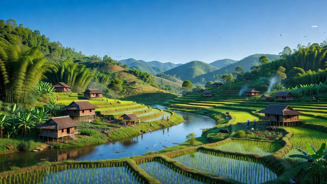 Khung cảnh bình yên của xã Long Đống, huyện Bắc Sơn, tỉnh Lạng Sơn với núi non và sông suối.