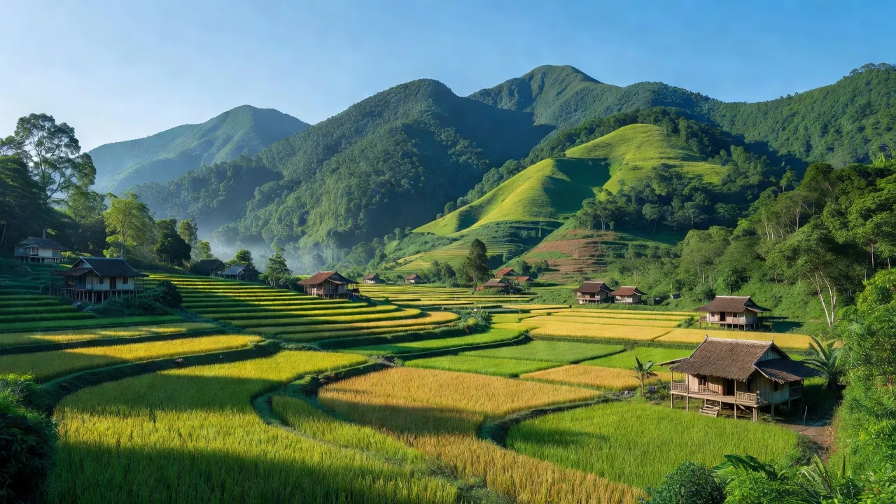 Cảnh thiên nhiên xã Nhất Hòa, huyện Bắc Sơn, Lạng Sơn, với núi non và đồng ruộng xanh tươi.