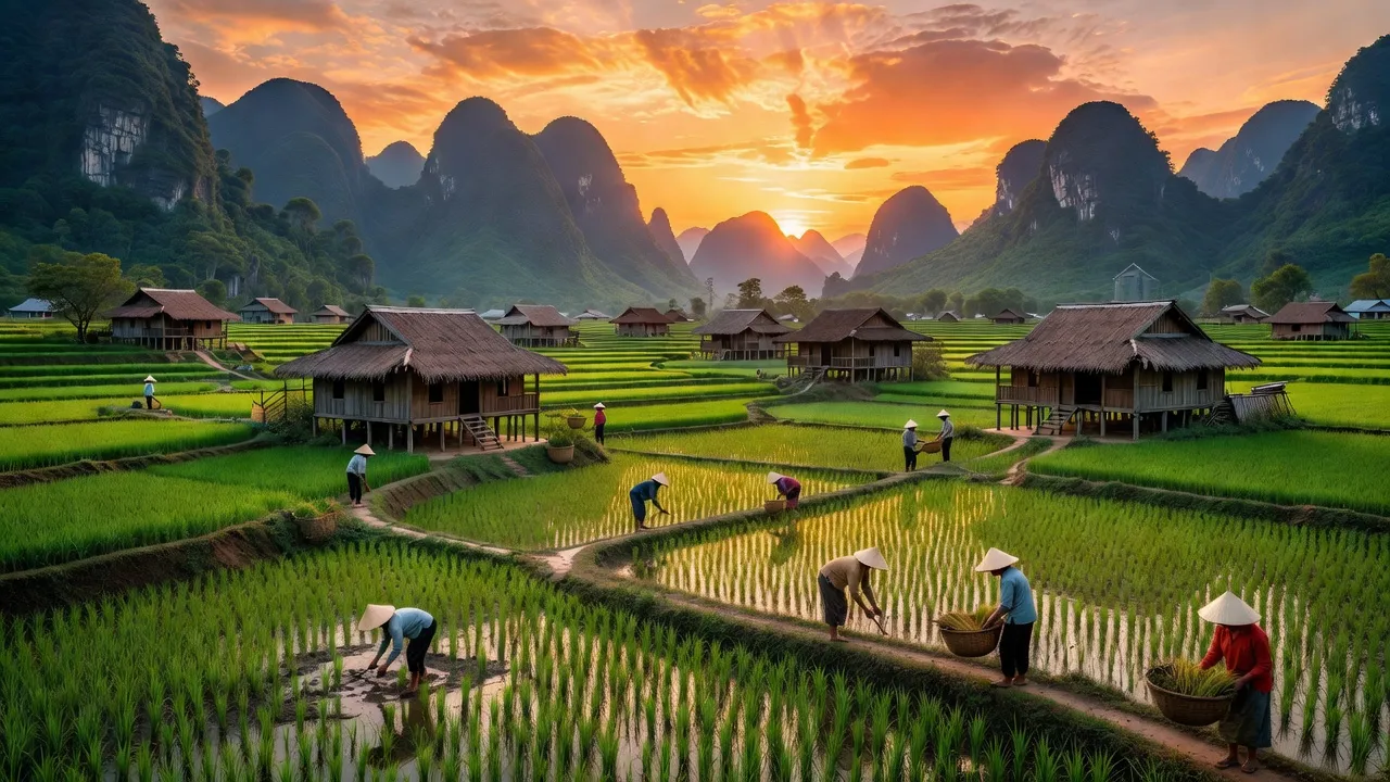 Cảnh đẹp xã Tân Hương, huyện Bắc Sơn, tỉnh Lạng Sơn với núi xanh và ruộng lúa.