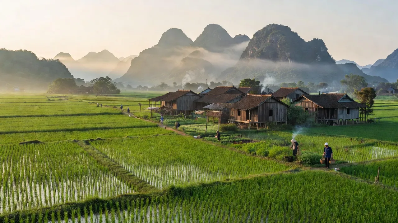 Khung cảnh thiên nhiên xã Tân Lập, huyện Bắc Sơn, tỉnh Lạng Sơn, cánh đồng và núi non xanh tươi.