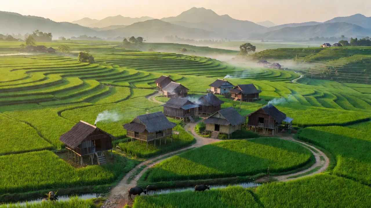 Bức tranh Tân Thành, huyện Bắc Sơn, Lạng Sơn với cảnh sắc xanh tươi và nhà truyền thống.
