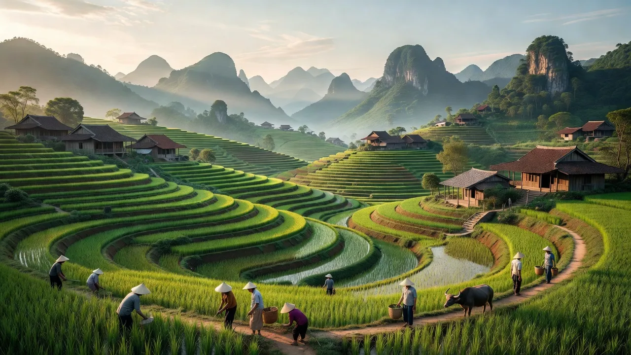 Cảnh đẹp xã Tân Tri, huyện Bắc Sơn, Lạng Sơn với ruộng bậc thang và nhà dân.