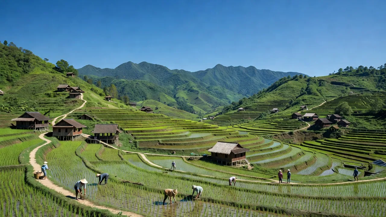Cảnh đẹp xã Trấn Yên, huyện Bắc Sơn, tỉnh Lạng Sơn với đồi núi và ruộng bậc thang.