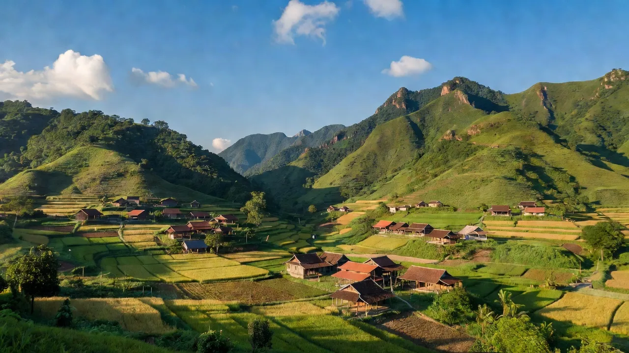Khung cảnh xã Trấn Yên, huyện Bắc Sơn, tỉnh Lạng Sơn với đồi núi xanh tươi và nhà nông thôn.