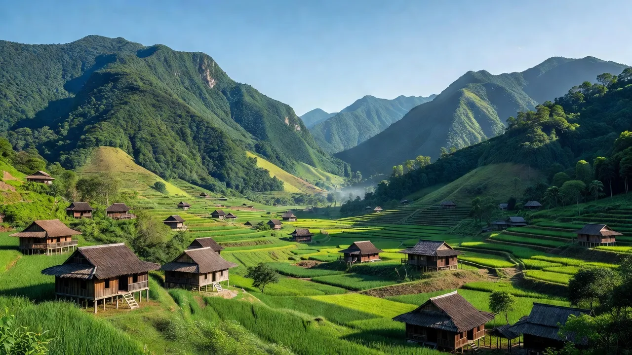 Cảnh đẹp xã Vũ Lăng, huyện Bắc Sơn, tỉnh Lạng Sơn với núi xanh và nhà truyền thống.