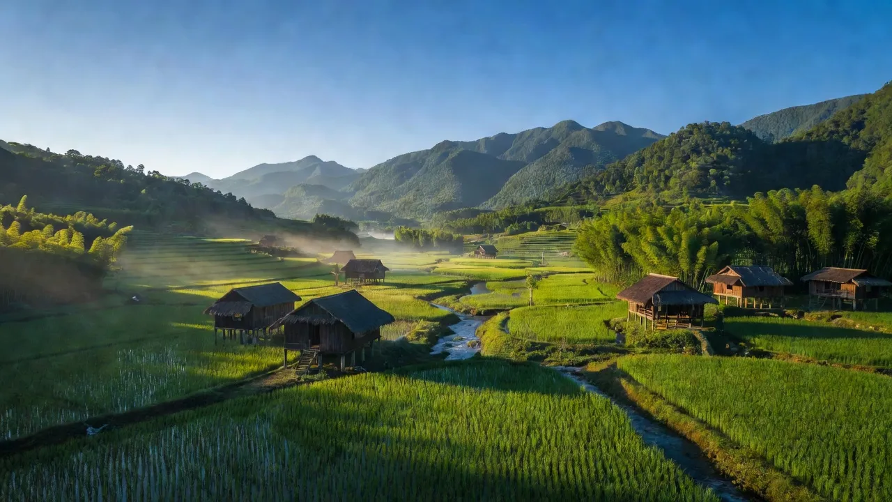 Phong cảnh yên bình của xã Vũ Lăng ở huyện Bắc Sơn, tỉnh Lạng Sơn, với núi non và bầu trời xanh.
