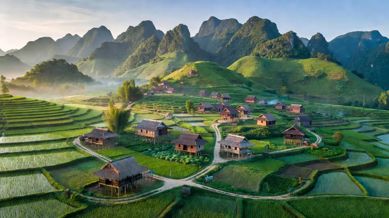 Cảnh quan xã Vũ Lễ, huyện Bắc Sơn, tỉnh Lạng Sơn với núi non và nhà truyền thống.