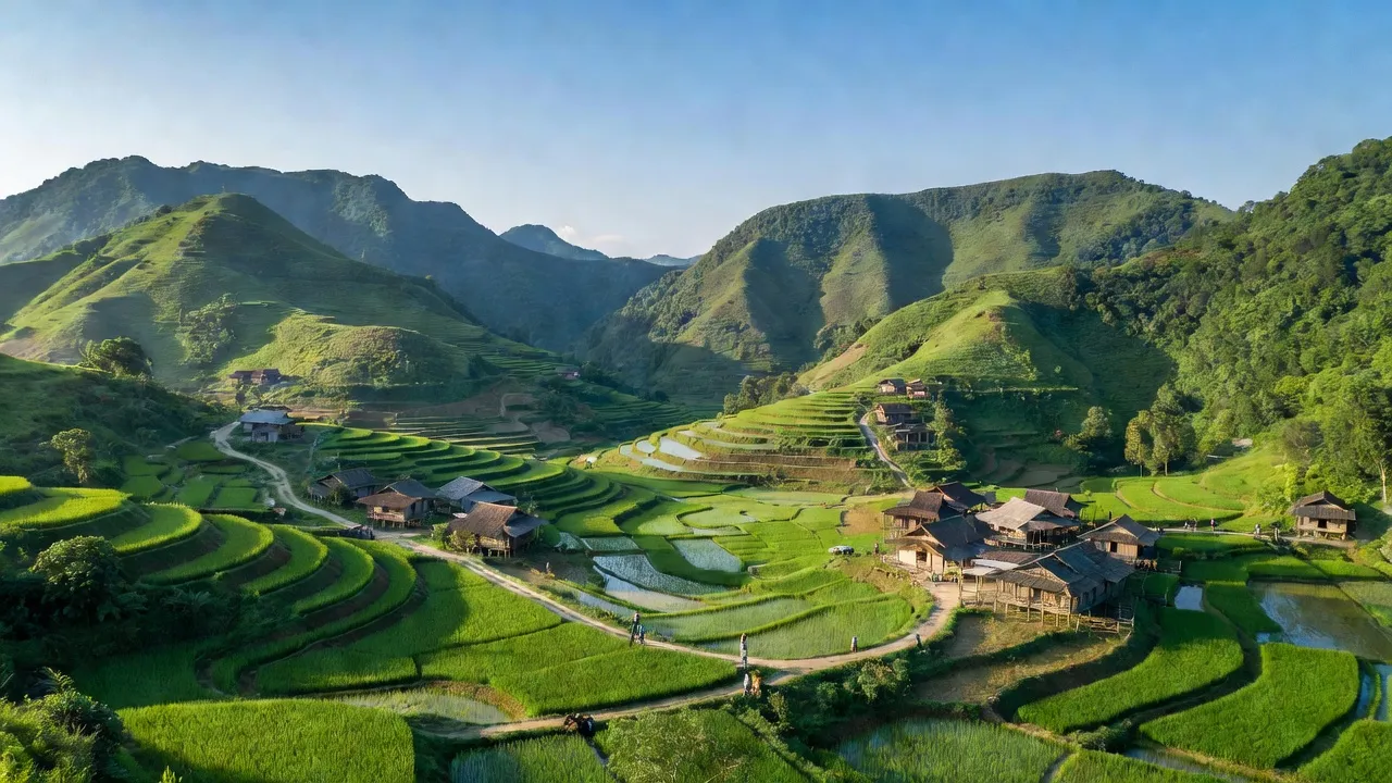 Khung cảnh làng Vũ Sơn, huyện Bắc Sơn, tỉnh Lạng Sơn với đồi núi, thung lũng xanh tươi.