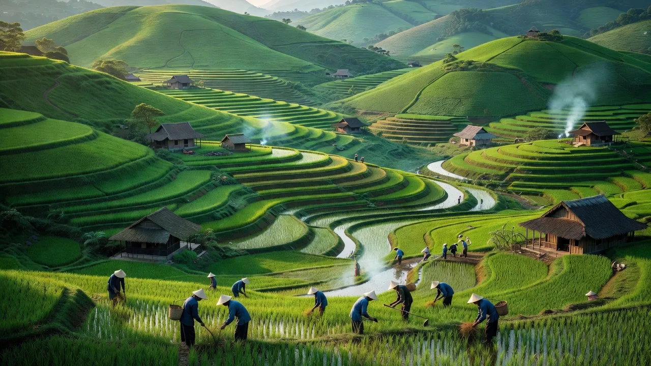 Xã Vũ Sơn, huyện Bắc Sơn, Lạng Sơn, với đồi núi xanh và ruộng bậc thang bên cạnh thôn bản