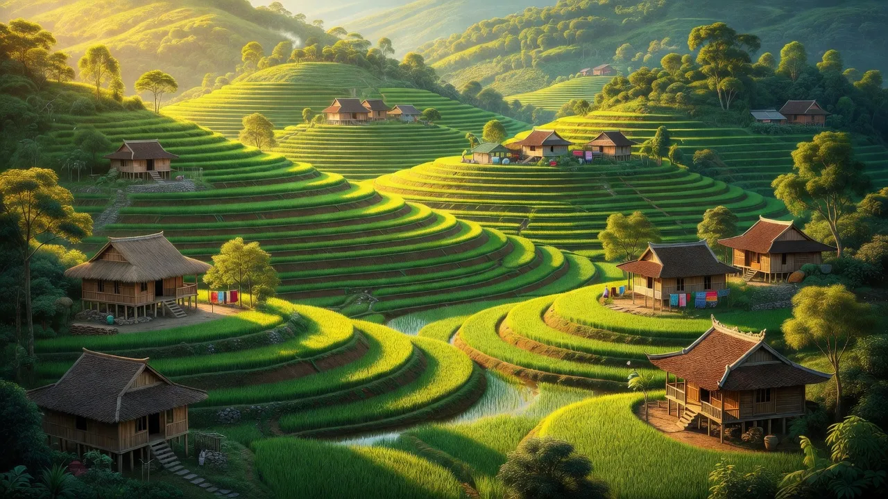 Phong cảnh xã Bình La, huyện Bình Gia, Lạng Sơn với ruộng bậc thang và nhà truyền thống.