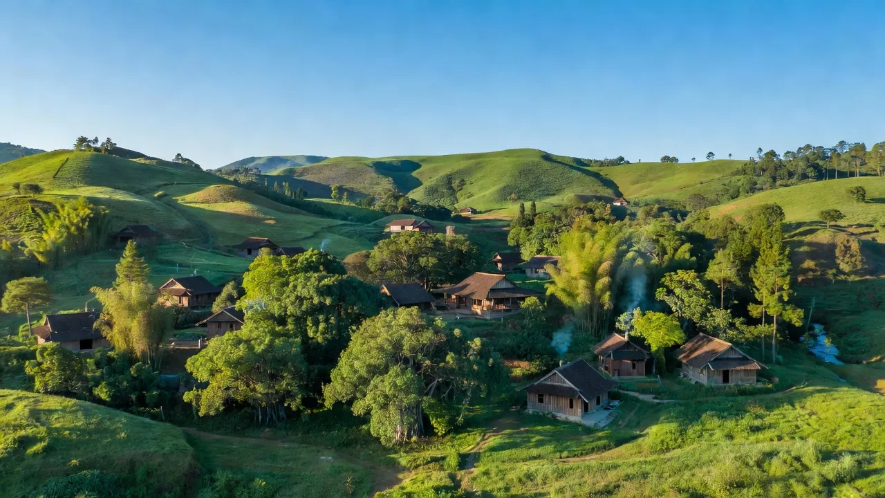 Xe Hòa Bình, huyện Bình Gia, Lạng Sơn with green hills, wooden houses and clear sky.