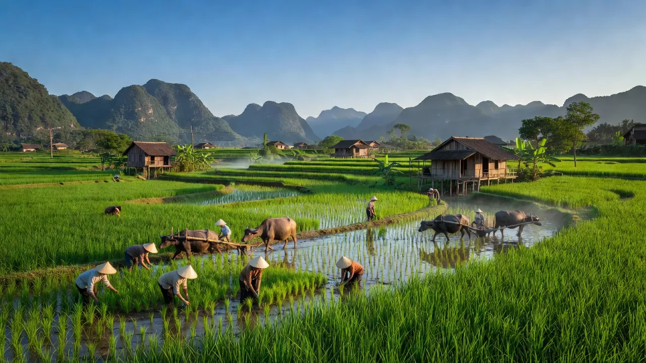 Cảnh xanh mát xã Hoa Thám, huyện Bình Gia, tỉnh Lạng Sơn với đồng lúa và núi.