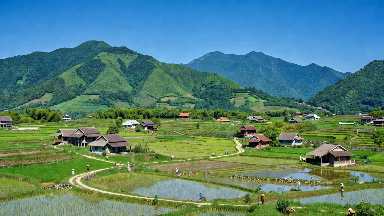 Khung cảnh xã Hoàng Văn Thụ, huyện Bình Gia, Lạng Sơn với núi xanh và nhà truyền thống Việt Nam.