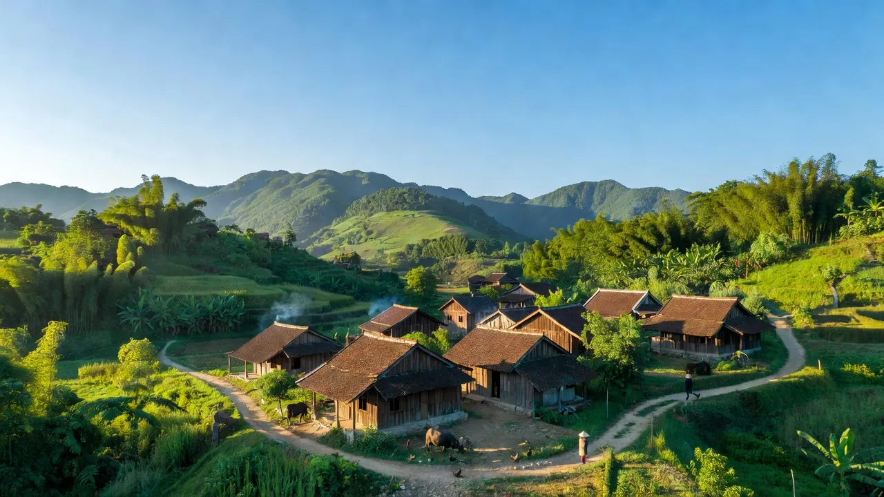 Cảnh quan xã Hồng Phong, huyện Bình Gia, Lạng Sơn với núi xanh và nhà gỗ truyền thống.