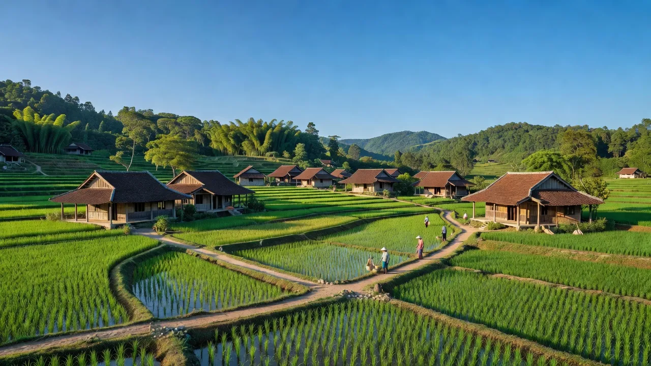 Cảnh quan đẹp của Xã Hồng Thái, Huyện Bình Gia, Lạng Sơn với kiến trúc truyền thống và thiên nhiên xanh tươi.