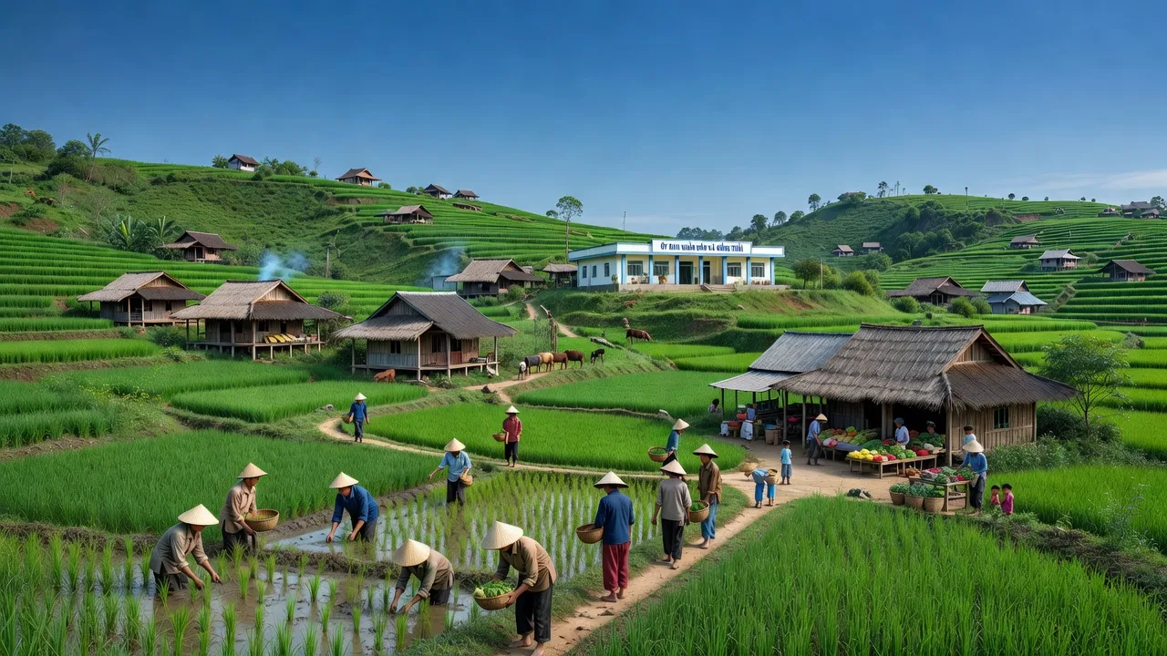 Khung cảnh Xã Hồng Thái, huyện Bình Gia, tỉnh Lạng Sơn, xanh tươi với nhà truyền thống.