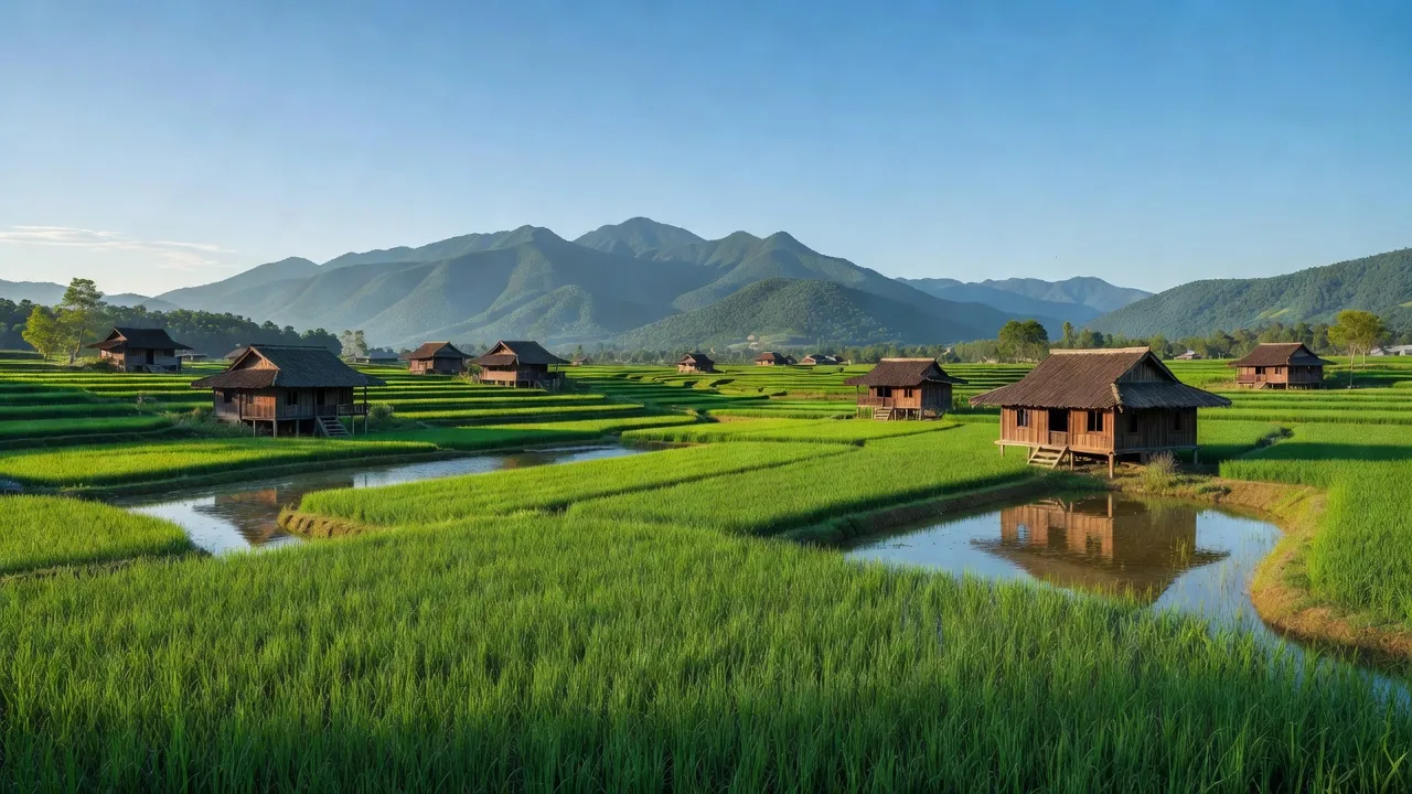 Cảnh đồng xanh xã Hưng Đạo, huyện Bình Gia, tỉnh Lạng Sơn với nhà gỗ và núi xa.