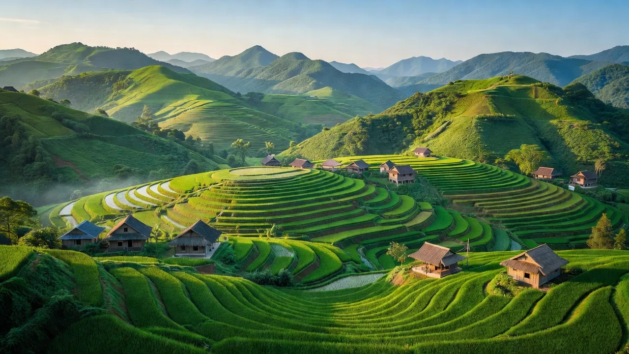 Khung cảnh xã Minh Khai, huyện Bình Gia, tỉnh Lạng Sơn với đồi núi và nhà truyền thống.