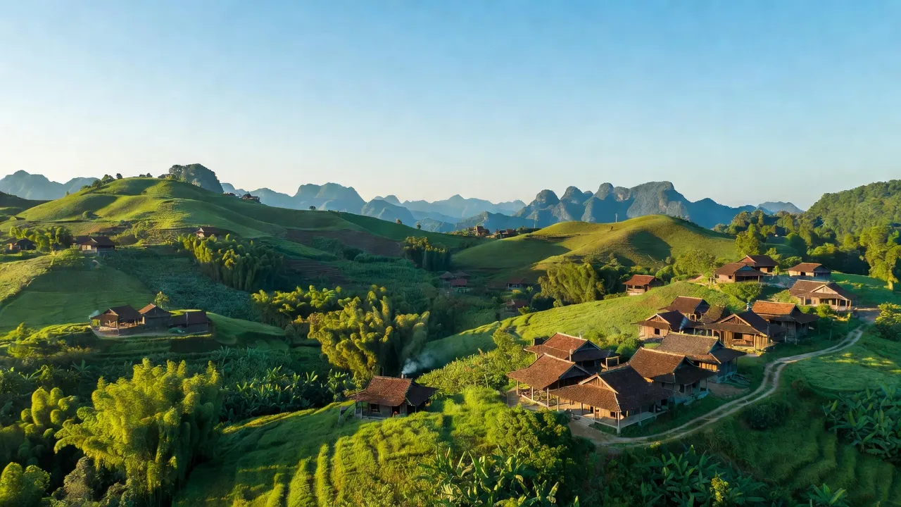 Xã Minh Khai in Bình Gia, Lạng Sơn with rolling hills and traditional houses among greenery.