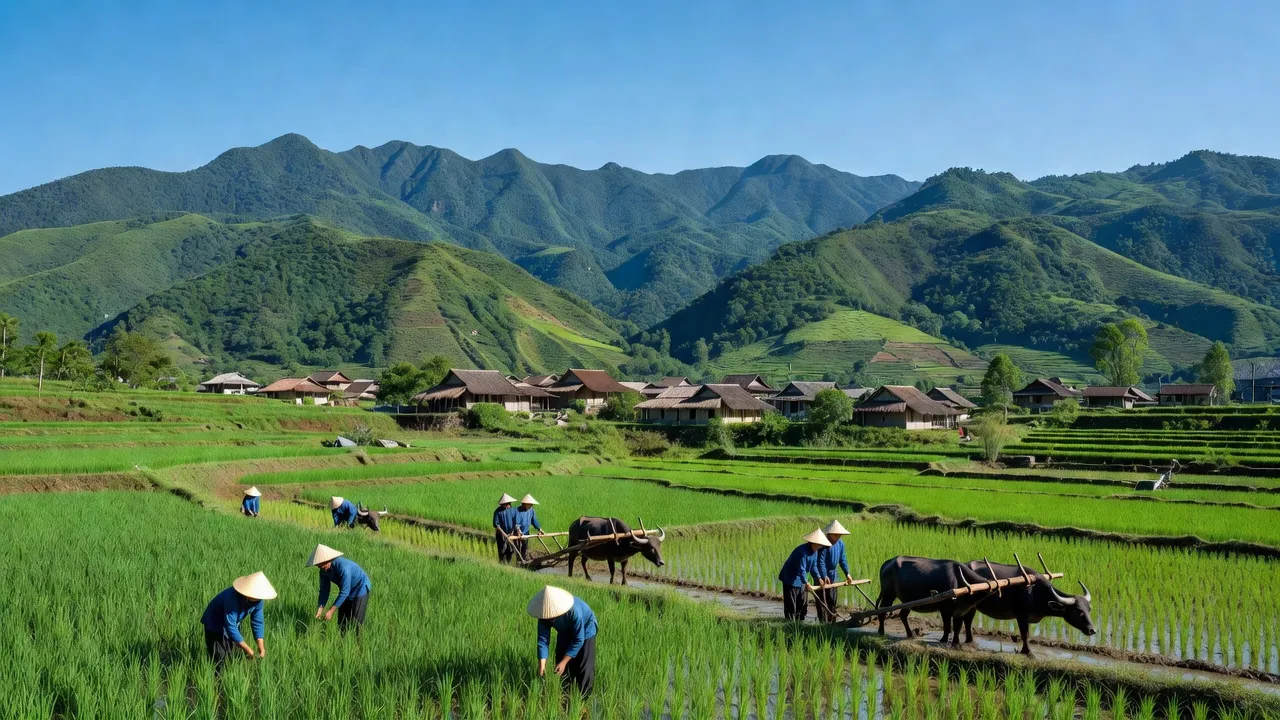 Cảnh quan xã Mông Ân, huyện Bình Gia, tỉnh Lạng Sơn với núi xanh và nông dân làm việc.