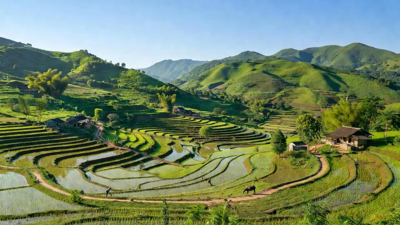 Khung cảnh yên bình xã Quang Trung, huyện Bình Gia, Lạng Sơn, với đồi núi và cuộc sống nông thôn.